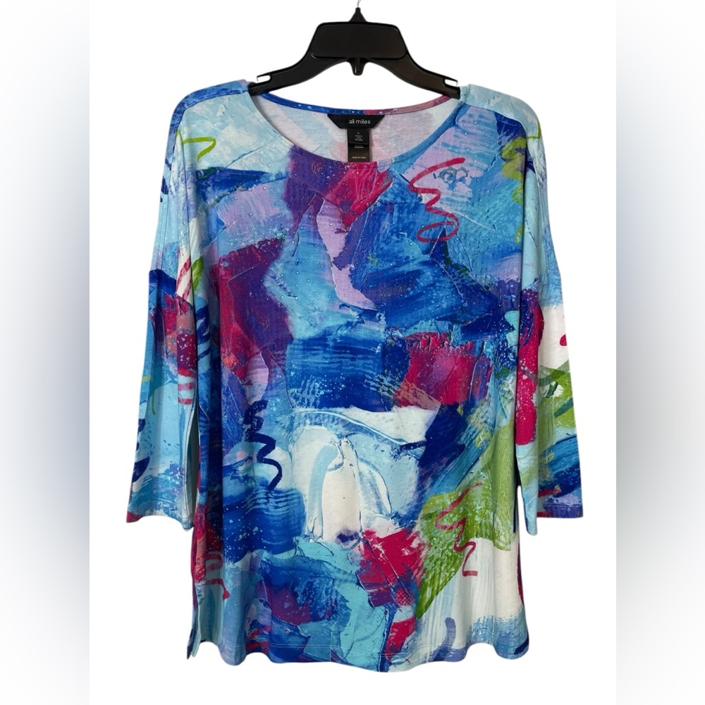 Ali Miles Abstract Rhinestone Top Colorful Bedazzled Size Small